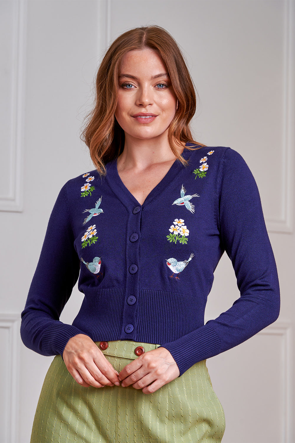 Banned Retro 50s Nara Birds And Flowers Cardigan-Navy