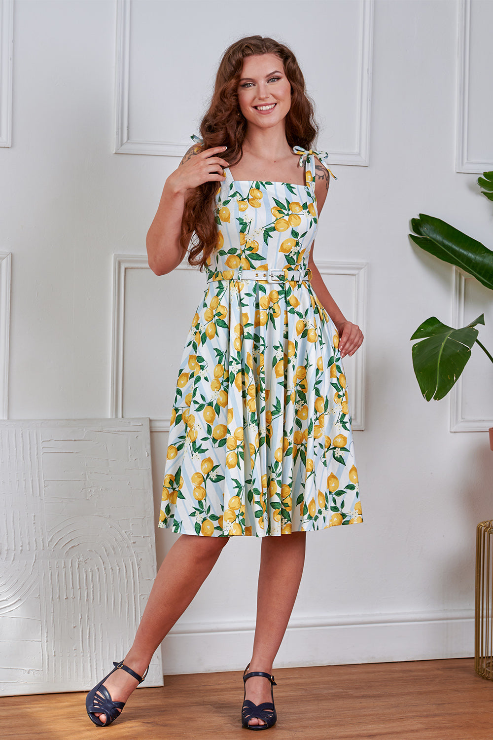 Banned Retro June Lemon And Stripes Swing Dress-Cream