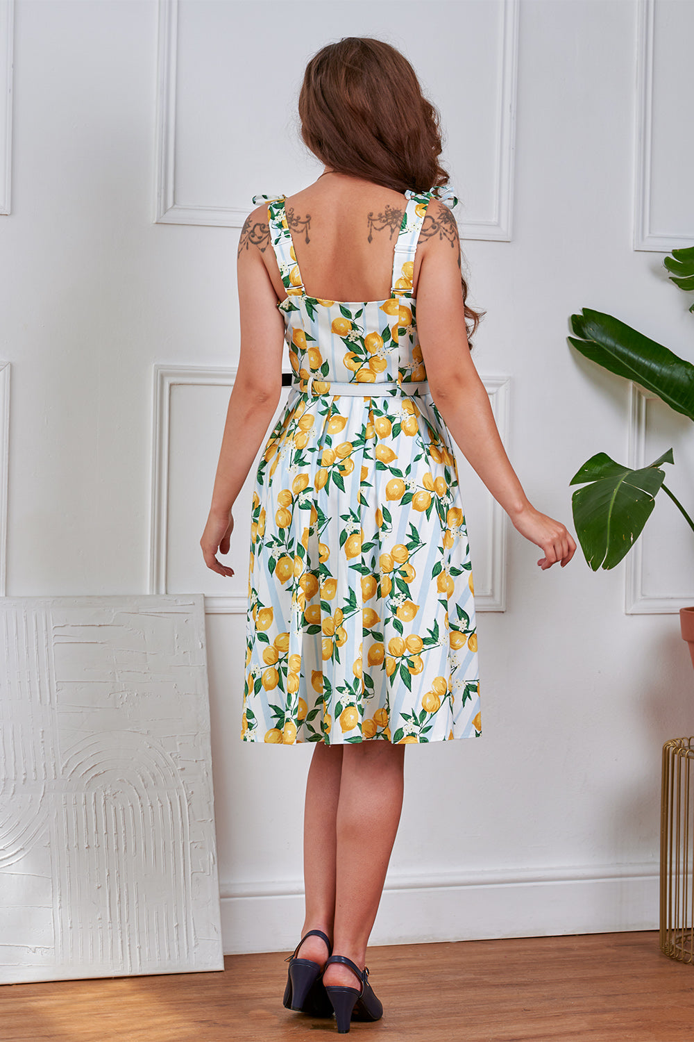 Banned Retro June Lemon And Stripes Swing Dress-Cream