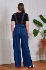 Banned Tamara Palazzo Dungarees - 40s Style Wide Leg Denim Overalls-Denim/Blue