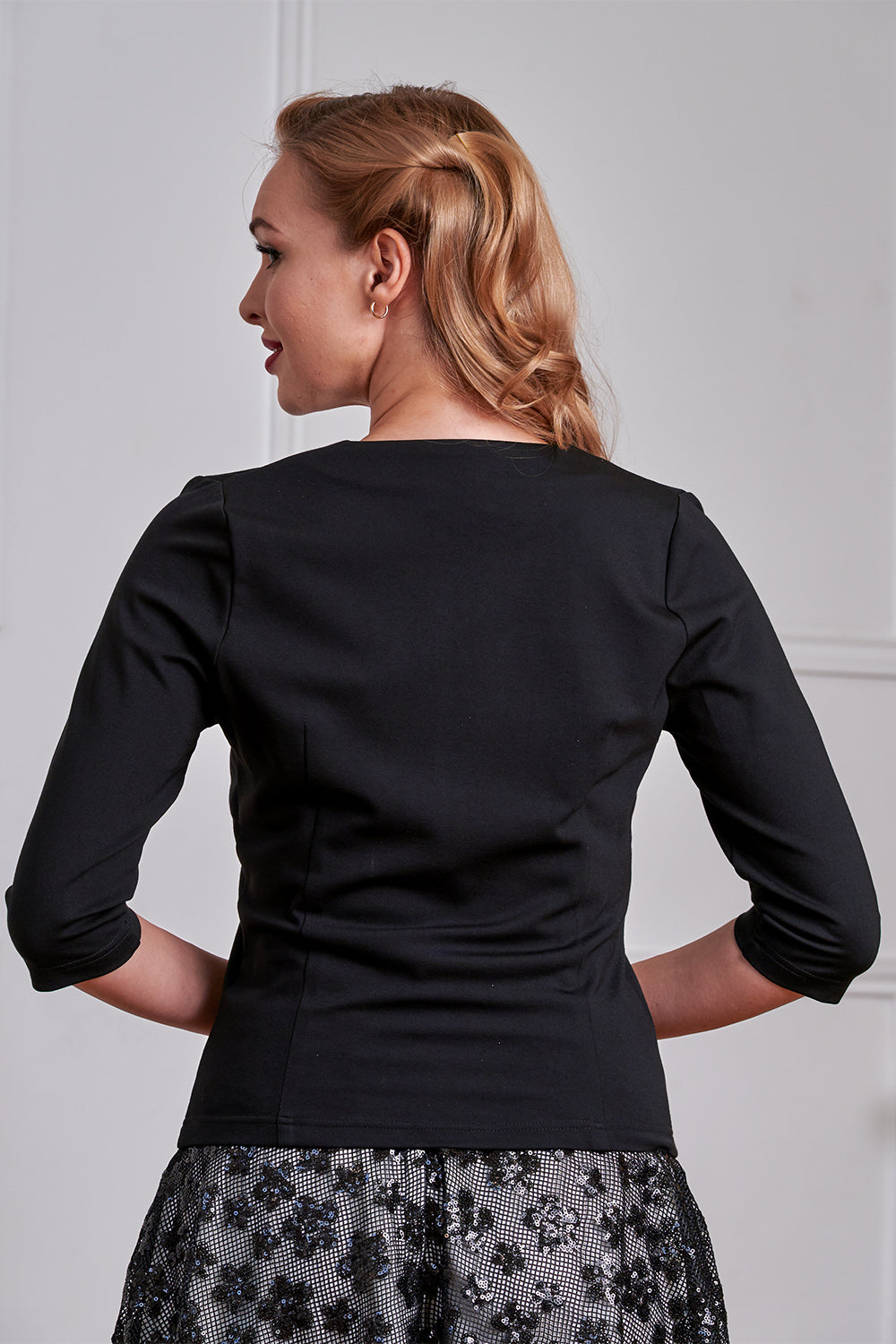 Banned Gilda Jersey Top - 50s Style Gathered Shoulder V-Neck-Black