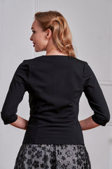 Banned Gilda Jersey Top - 50s Style Gathered Shoulder V-Neck-Black