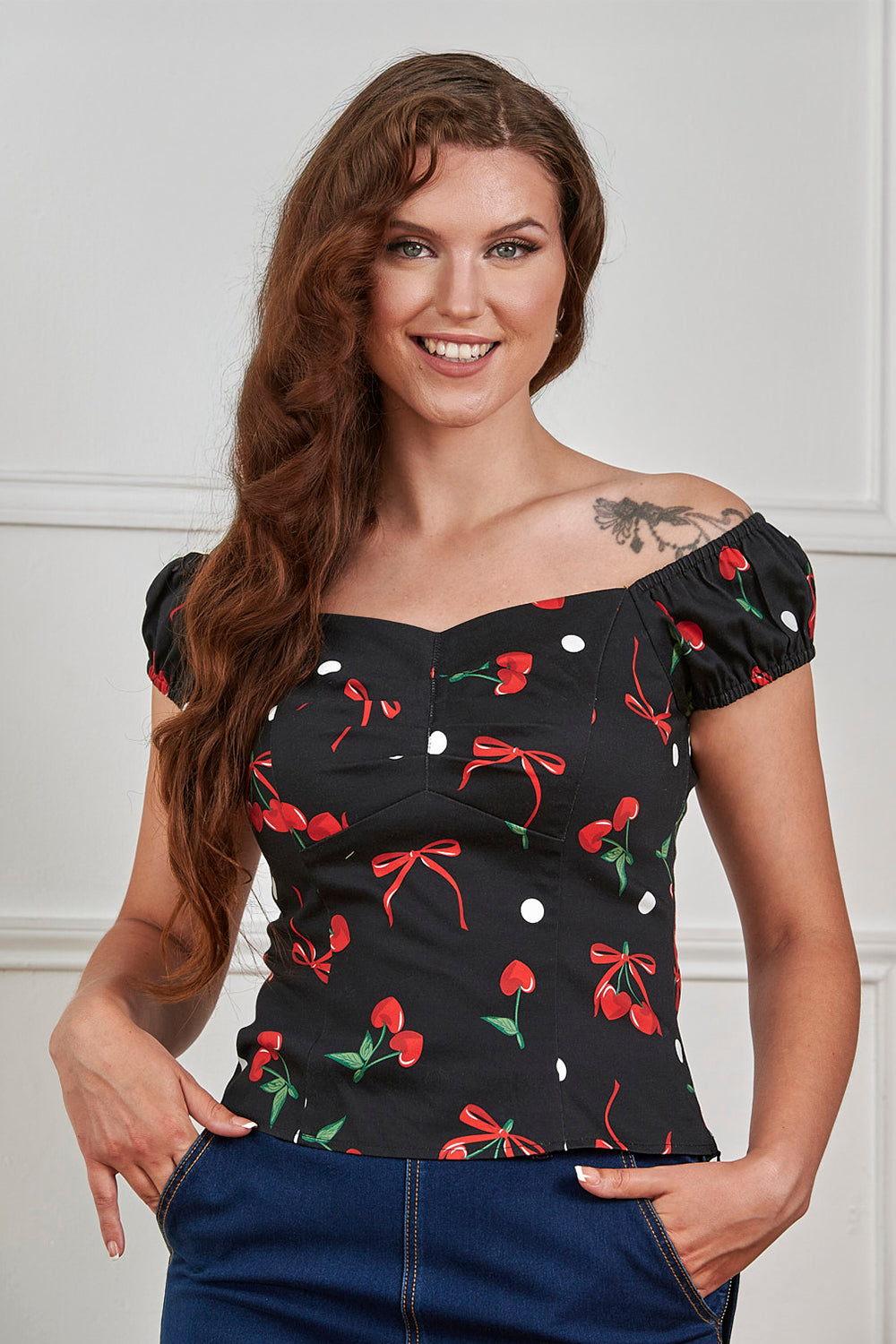 Banned Retro 50s Babe Cherries And Bows Top-Black