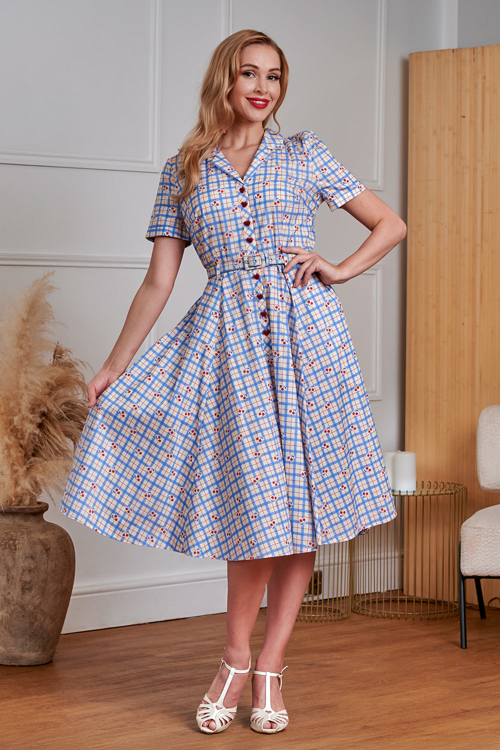 Banned Retro 50s Bella Cherry Check Swing Full Circle Dress-Blue