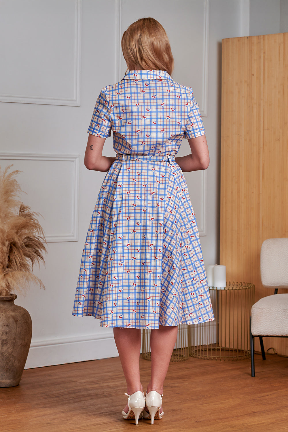 Banned Retro 50s Bella Cherry Check Swing Full Circle Dress-Blue