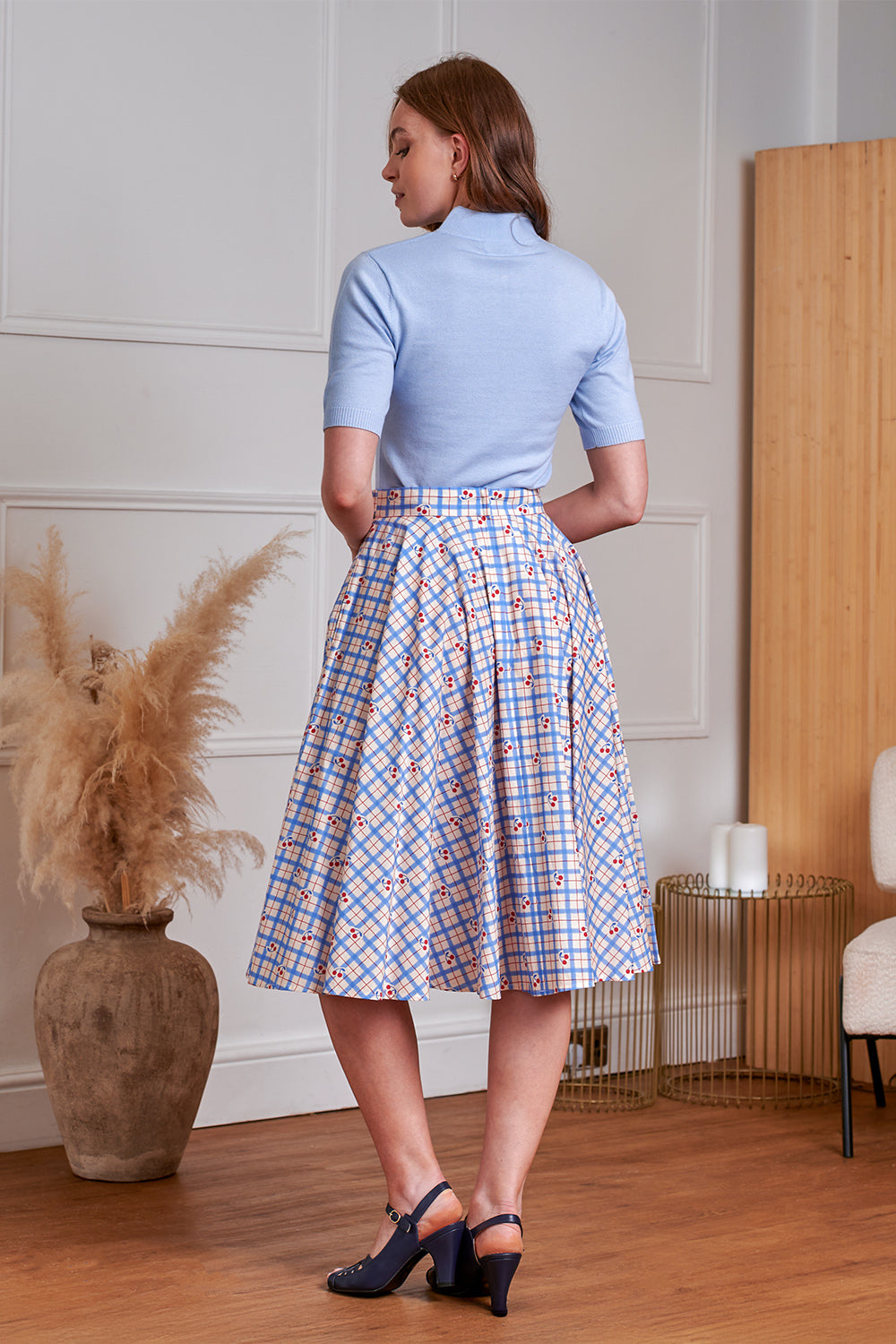 1950's Banned Retro Annie Cherry Check Skirt-Blue