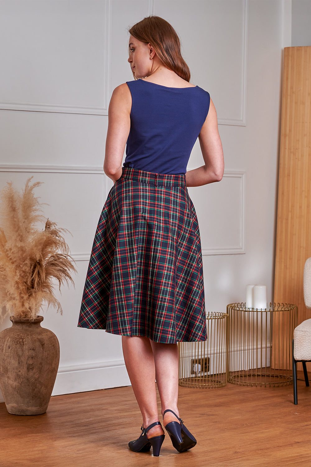 BANNED RETRO BOOK CLUB PLAID Swing Skirt With Button And Flap Details.-Navy