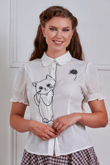 Banned Retro Adorable Cat Embroidered Puff-Sleeve Blouse-White