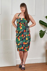 Banned Retro 50s Evie Tropical Summer Sarong Pencil Dress-Navy