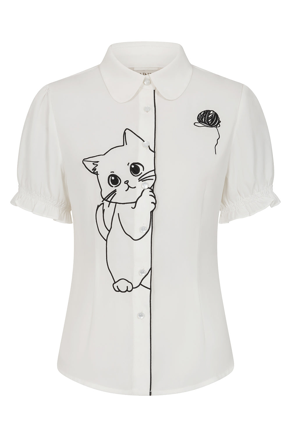 Banned Retro Adorable Cat Embroidered Puff-Sleeve Blouse-White