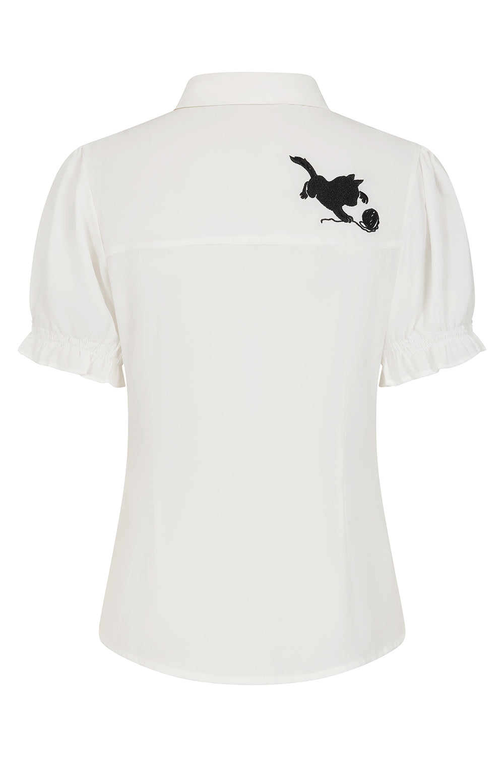 Banned Retro Adorable Cat Embroidered Puff-Sleeve Blouse-White