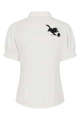 Banned Retro Adorable Cat Embroidered Puff-Sleeve Blouse-White