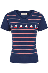 Banned Rockabilly Marine Molly Knitted Jumper-Navy/Red