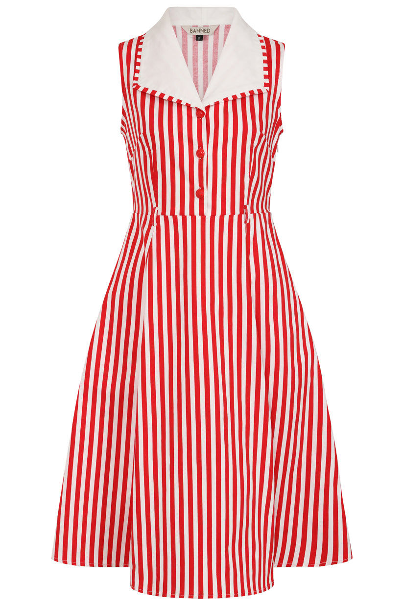 Banned Retro 50s Genevieve Swing Striped Dress-Red
