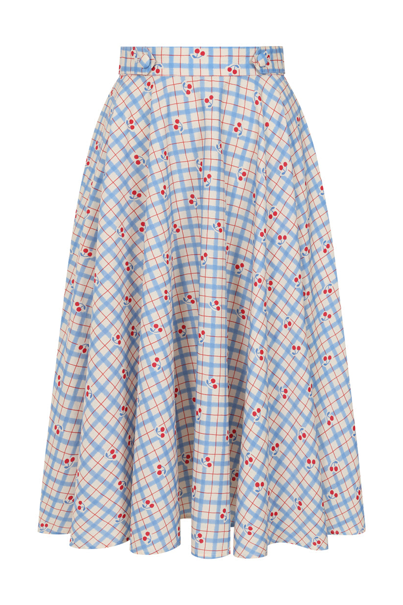 1950's Banned Retro Annie Cherry Check Skirt-Blue