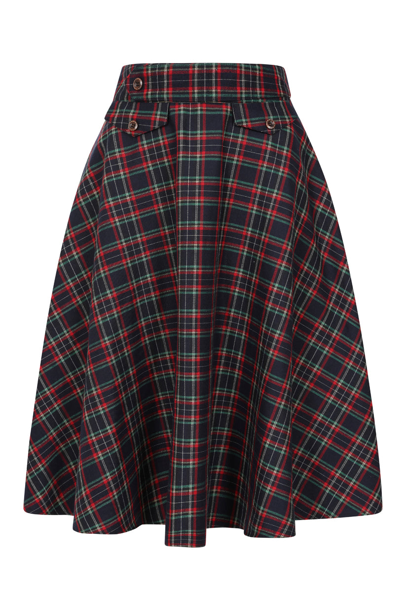 BANNED RETRO BOOK CLUB PLAID Swing Skirt With Button And Flap Details.-Navy