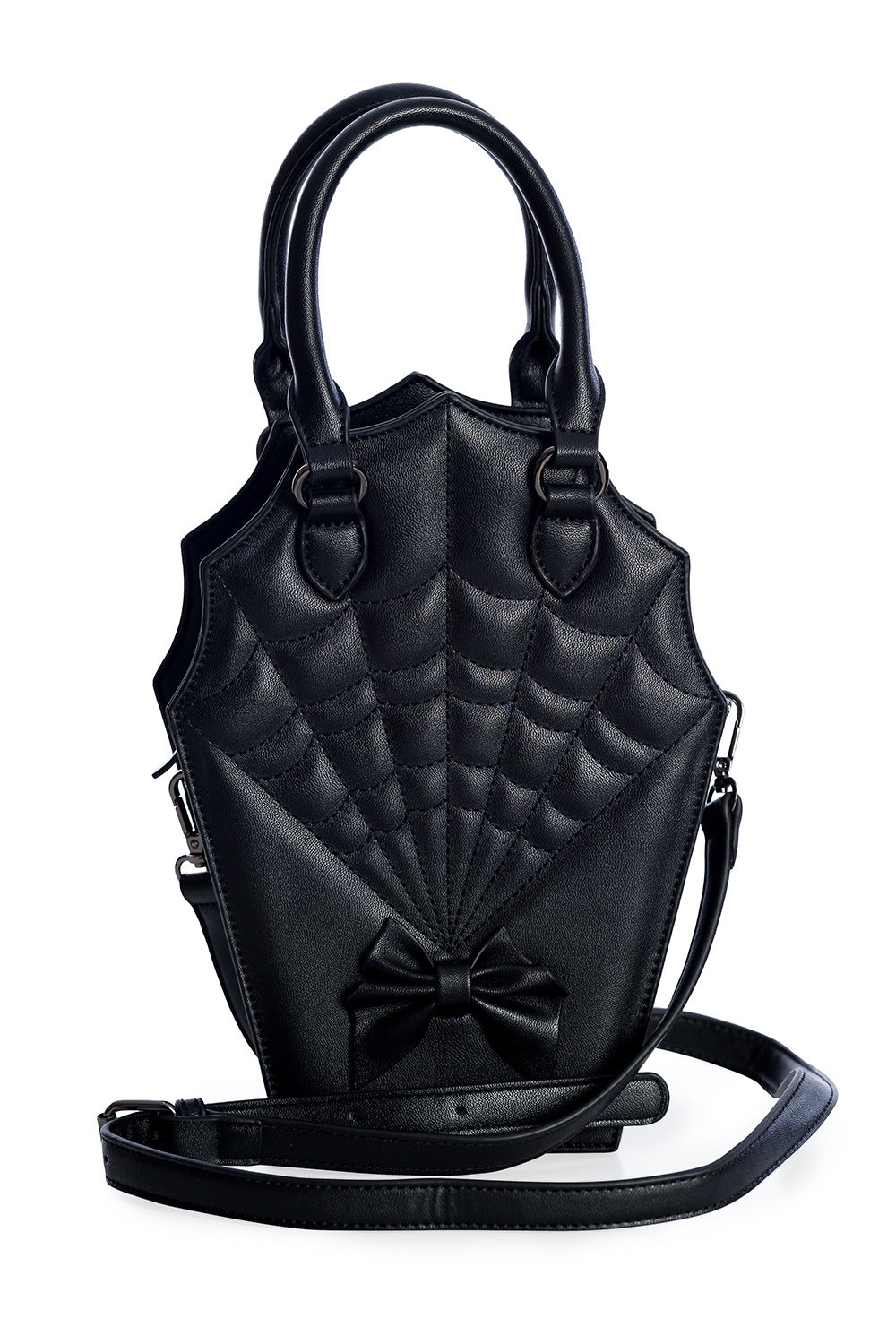BANNED Ghoul Coffin Red Bag | Shimmer Quilted Gothic Handbag with Spider Web-Black-One Size