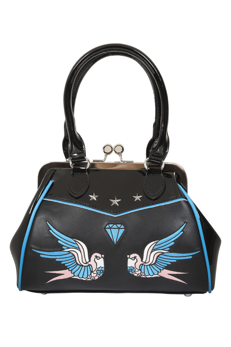 BANNED The Swallows Return Lacquer Handbag | Rockabilly Embroidered Style-Black-One Size