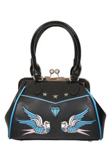 BANNED The Swallows Return Lacquer Handbag | Rockabilly Embroidered Style-Black-One Size