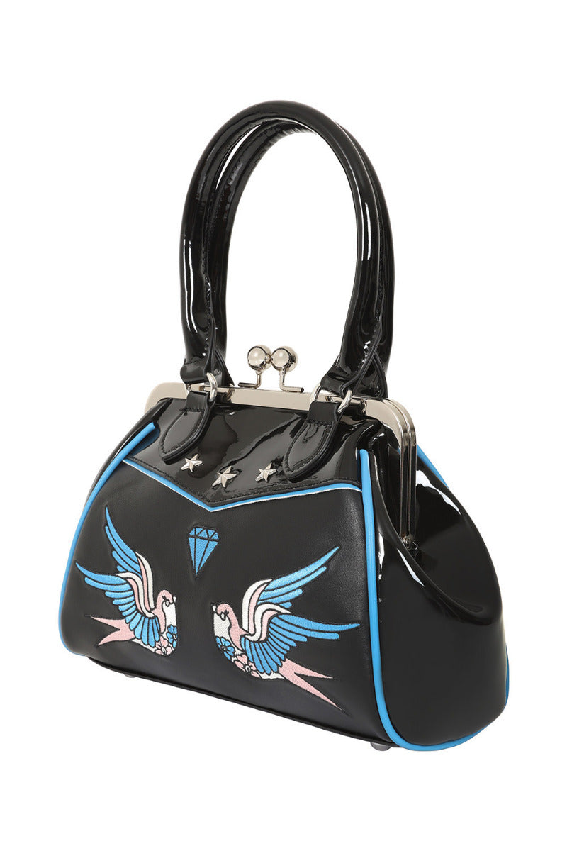 BANNED The Swallows Return Lacquer Handbag | Rockabilly Embroidered Style-Black-One Size
