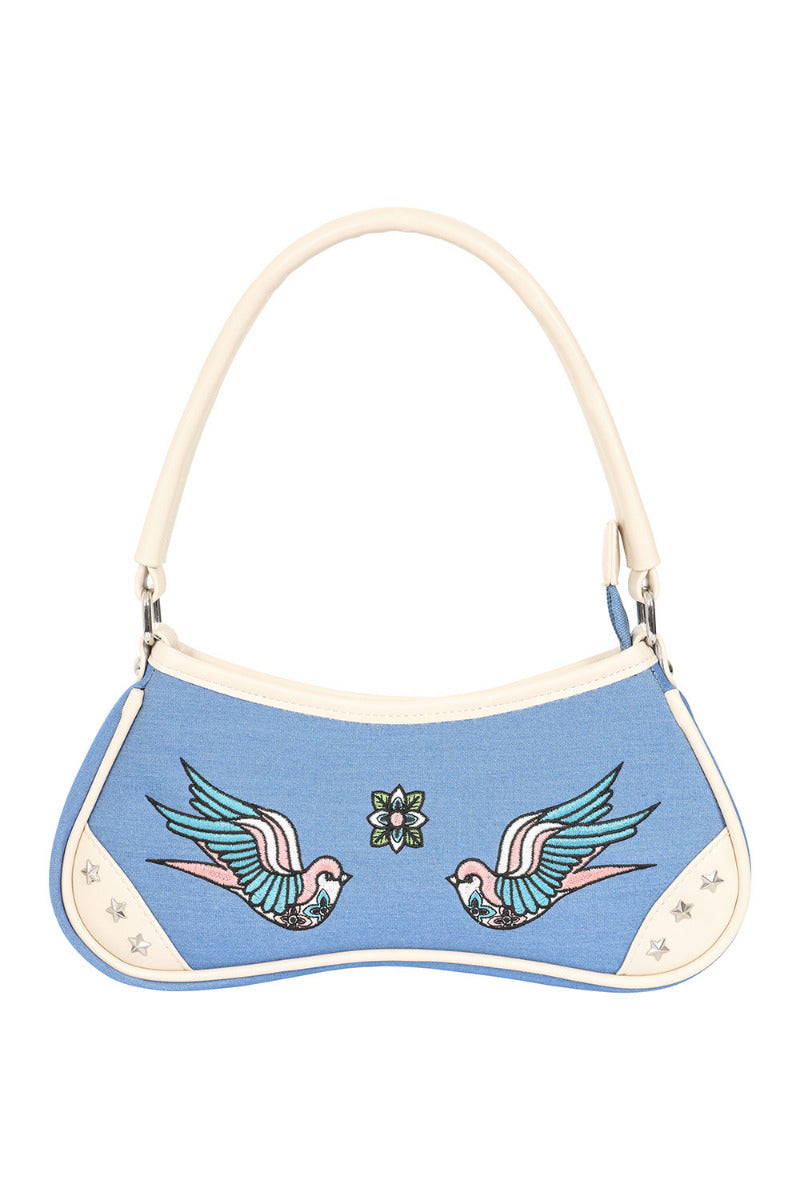 BANNED Marilou Swallow Denim Handbag | Rockabilly Embroidered Style-Blue-One Size