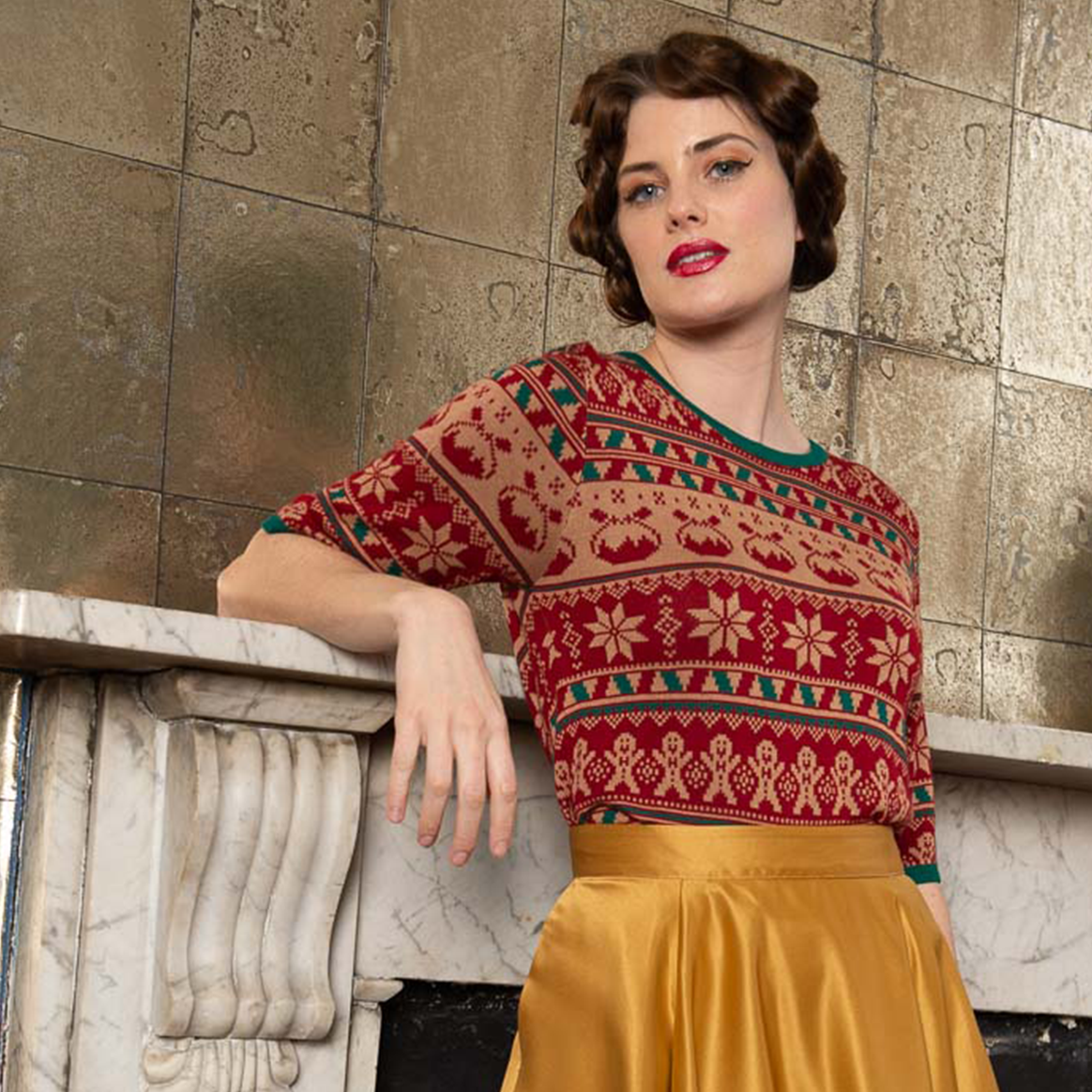 Banned Retro 1950's Christmas Pud Jacquard Vintage Ruby Jumper Brown