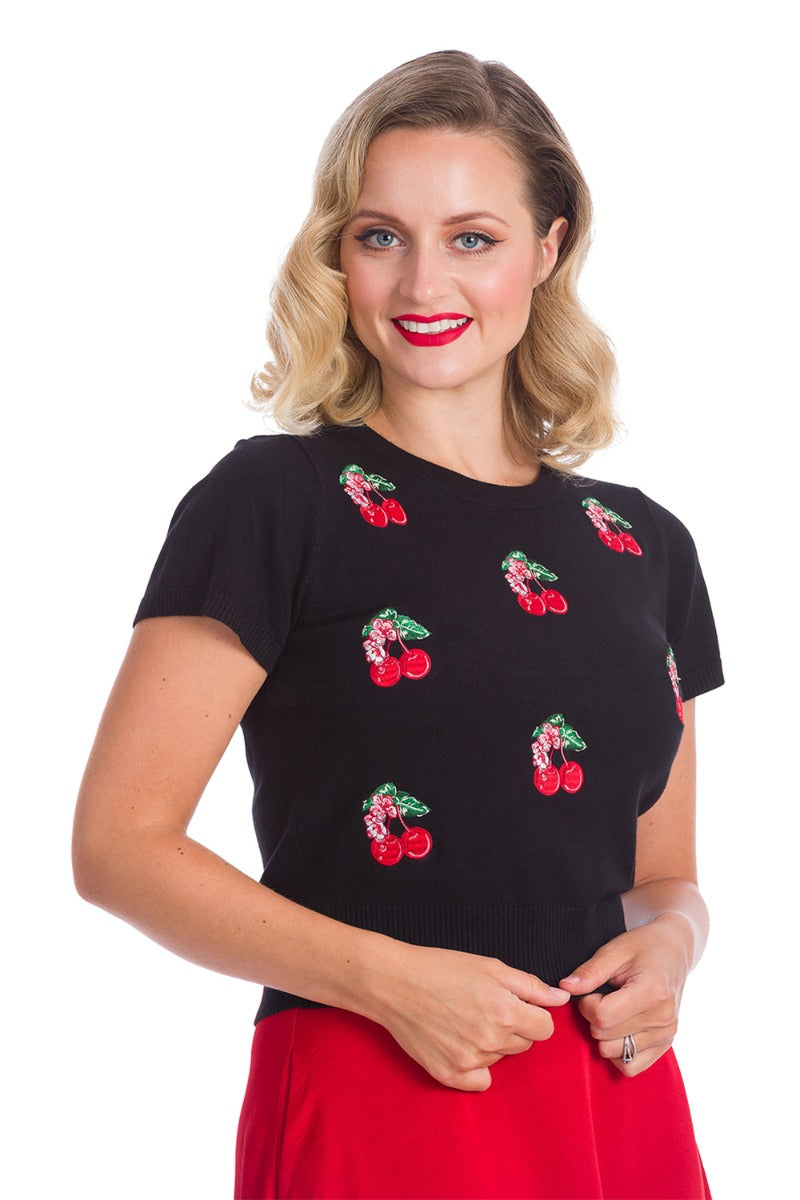 Banned Retro 1950's Cherry Berry Embroidery Knit Vintage Top Black