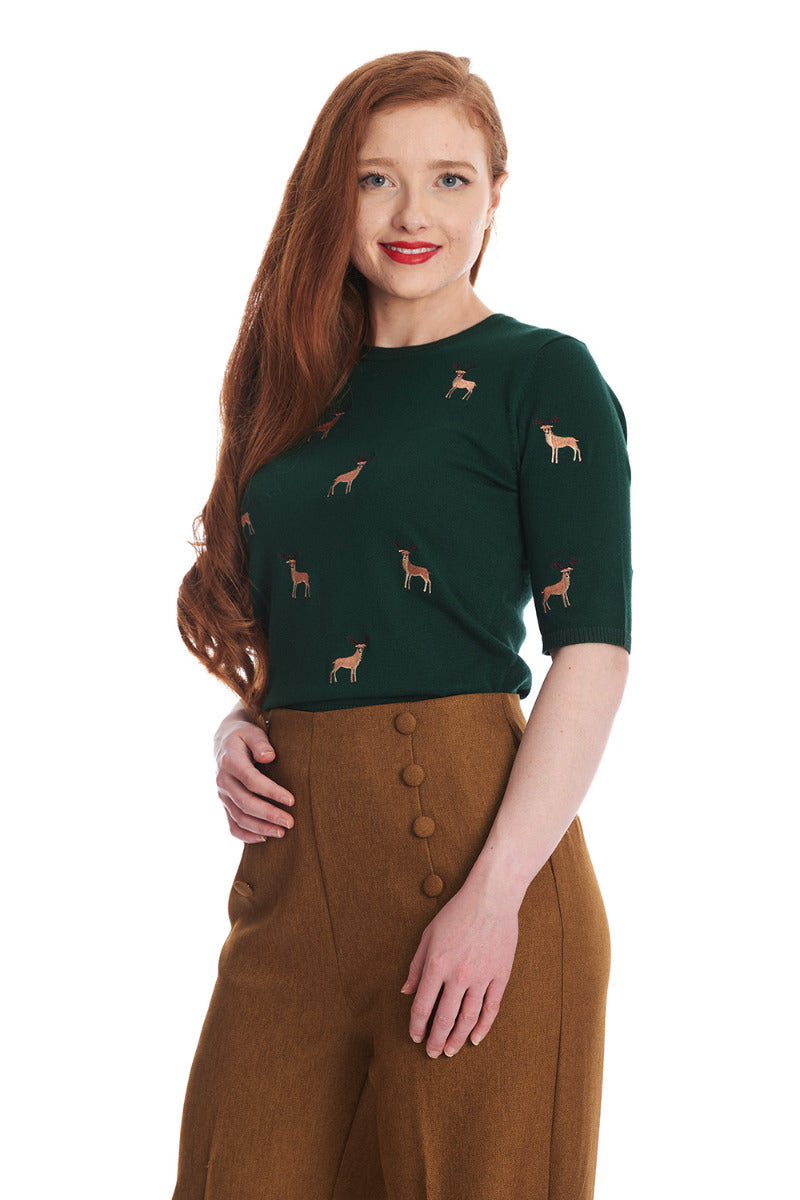 Banned Ruby Sweet Deer Jumper - Vintage Style Reindeer Pattern Knit Sweater