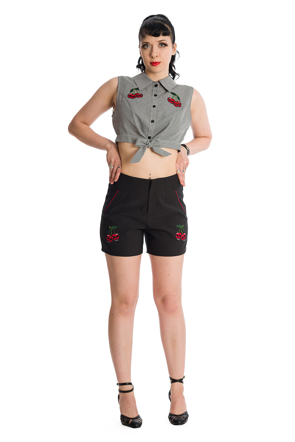 Banned Retro Cherry Up Tie Crop Top Black