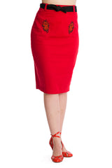Banned Retro Blooming Rose Rockabilly Pencil Skirt Red