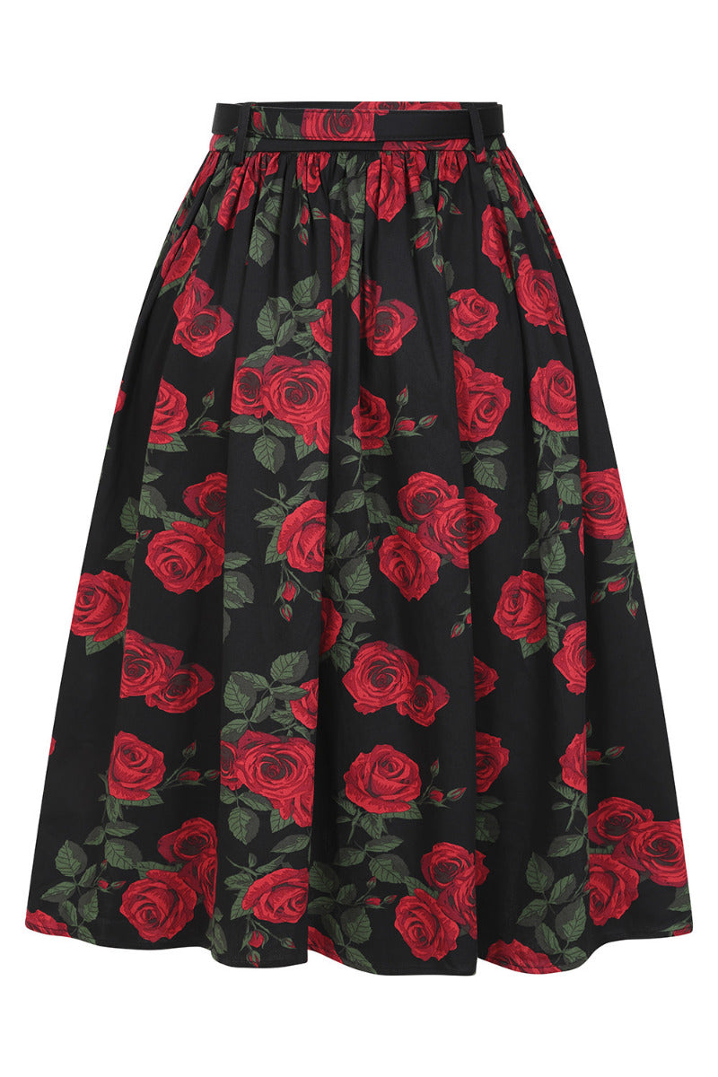 Banned Millie Rose Garden Circle Skirt - Retro Style Floral Swing Skirt with Belt-Black