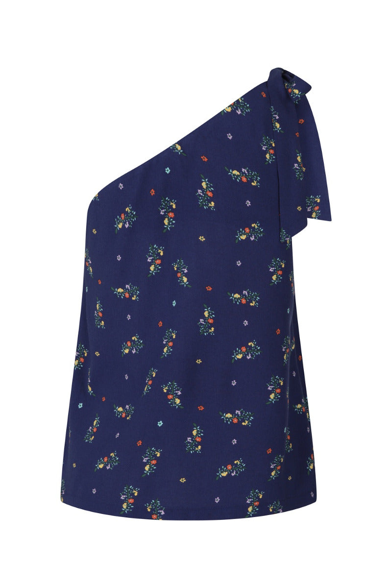 Banned Retro 70's Spring Sprig A-Symmetric Floral Vintage Top Navy