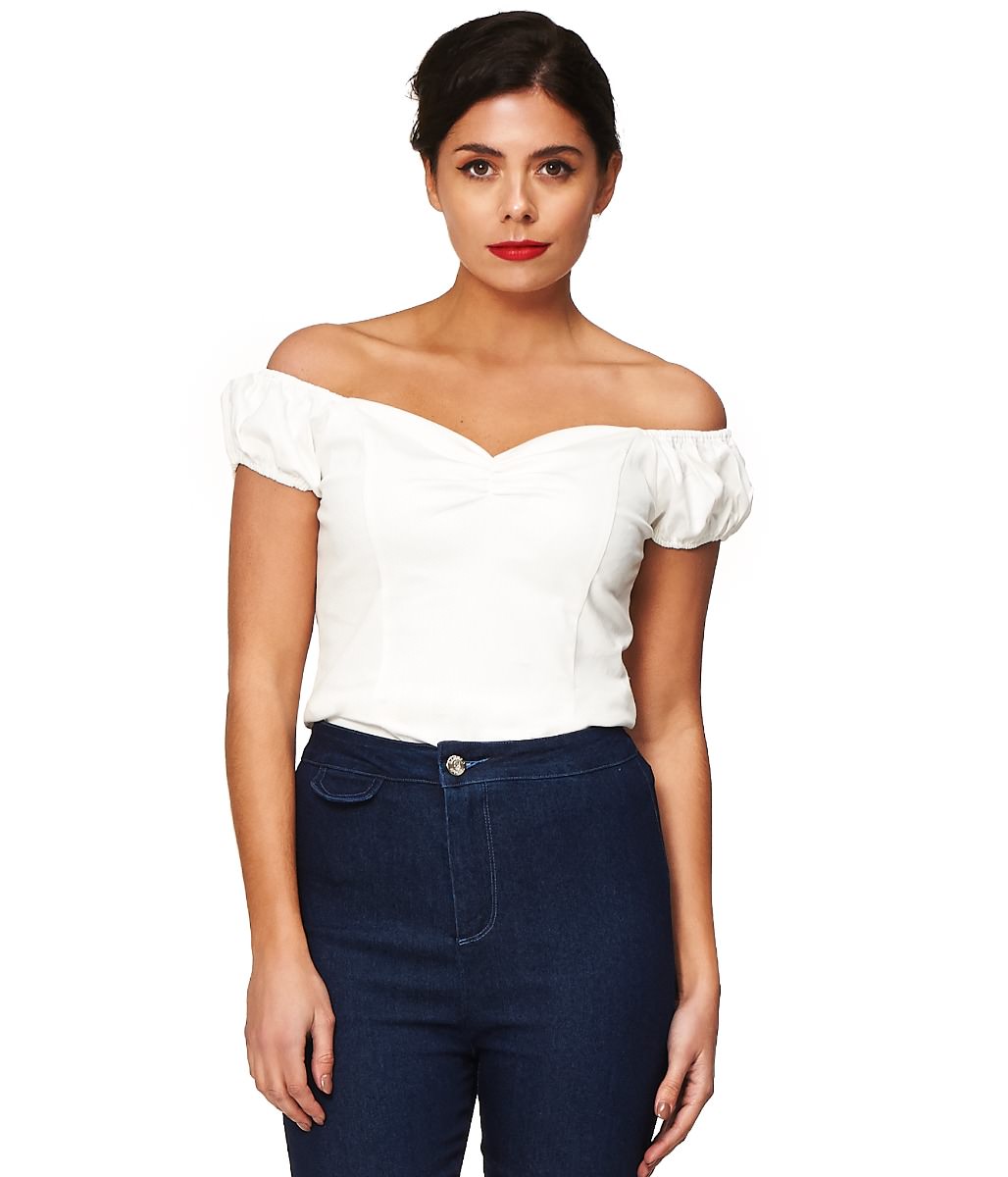 Banned Retro Winnie Off Shoulder Vintage Top Off White