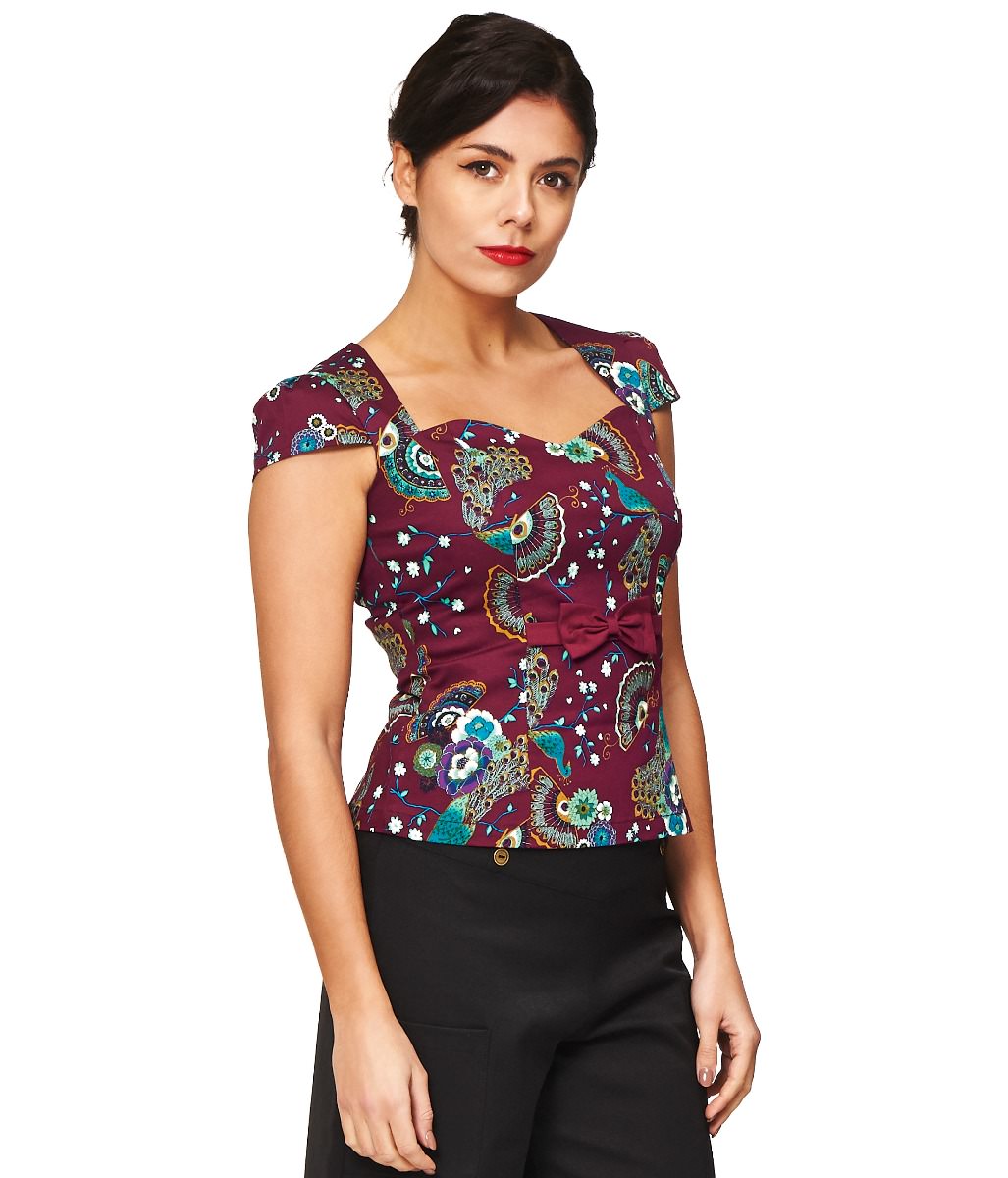 Banned Retro 1950's Frankie Peacock Floral Top Bordeaux