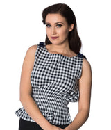 Banned Retro 60s Summer Breeze Smocking Check Top Navy