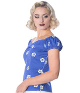 Banned Retro 1950's Tutti Fruity Flower Floral Off Shoulder Top Blue