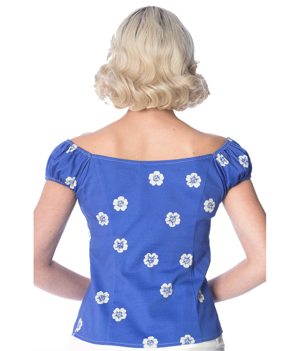 Banned Retro 1950's Tutti Fruity Flower Floral Off Shoulder Top Blue
