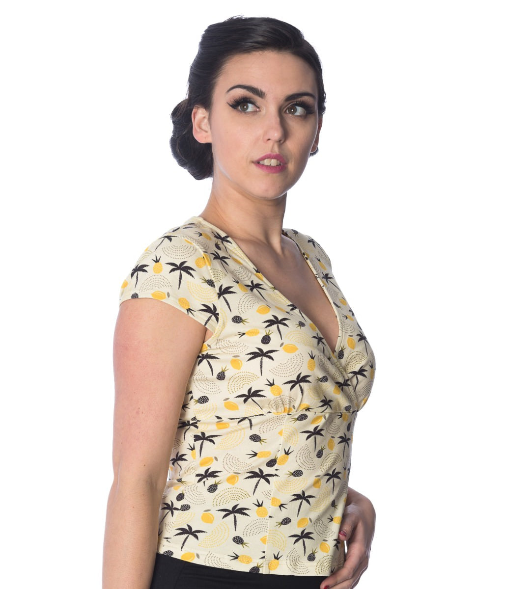 Banned Retro Palm Shade Pineapple Vintage Wrap Top Cream Yellow