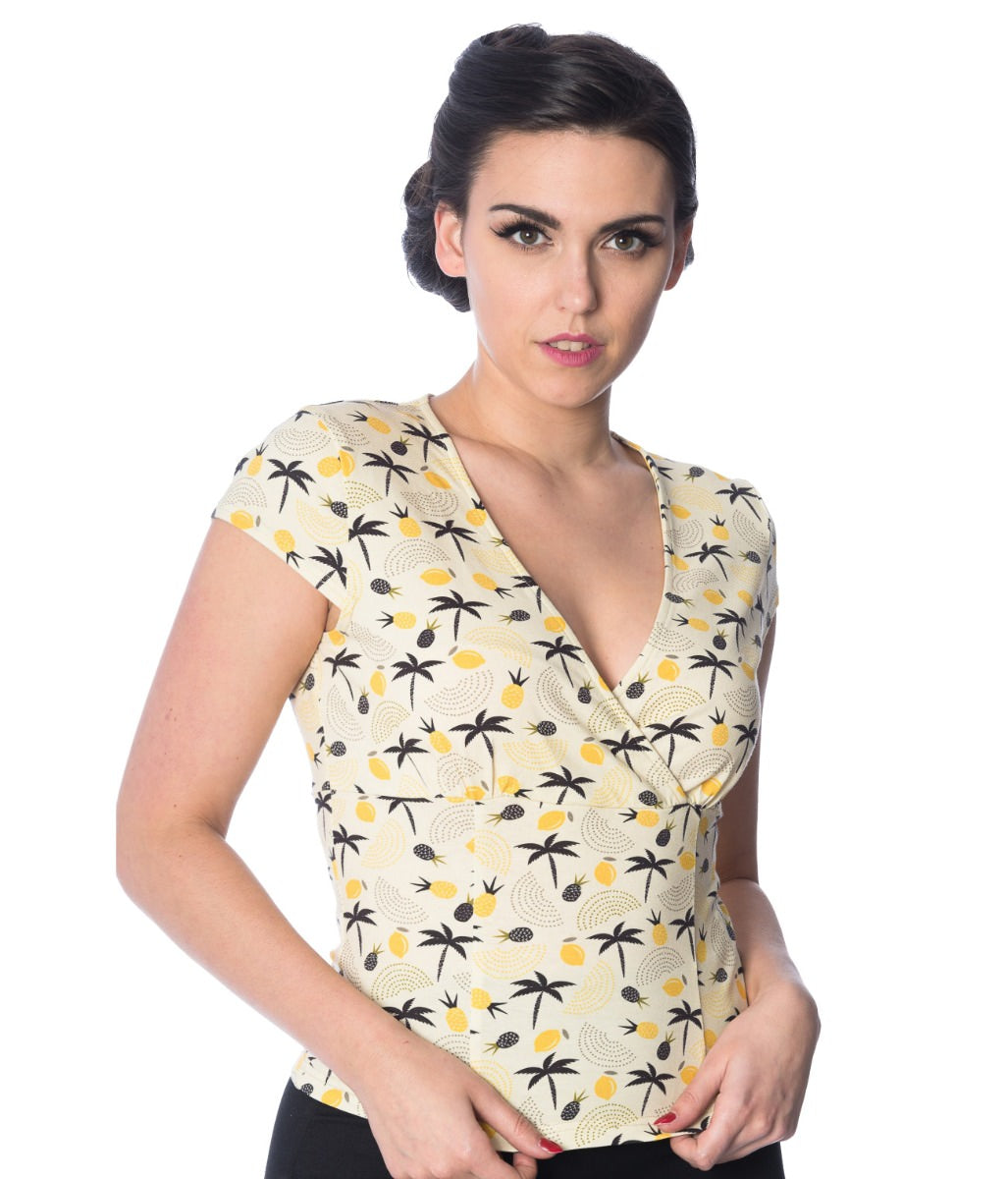 Banned Retro Palm Shade Pineapple Vintage Wrap Top Cream Yellow
