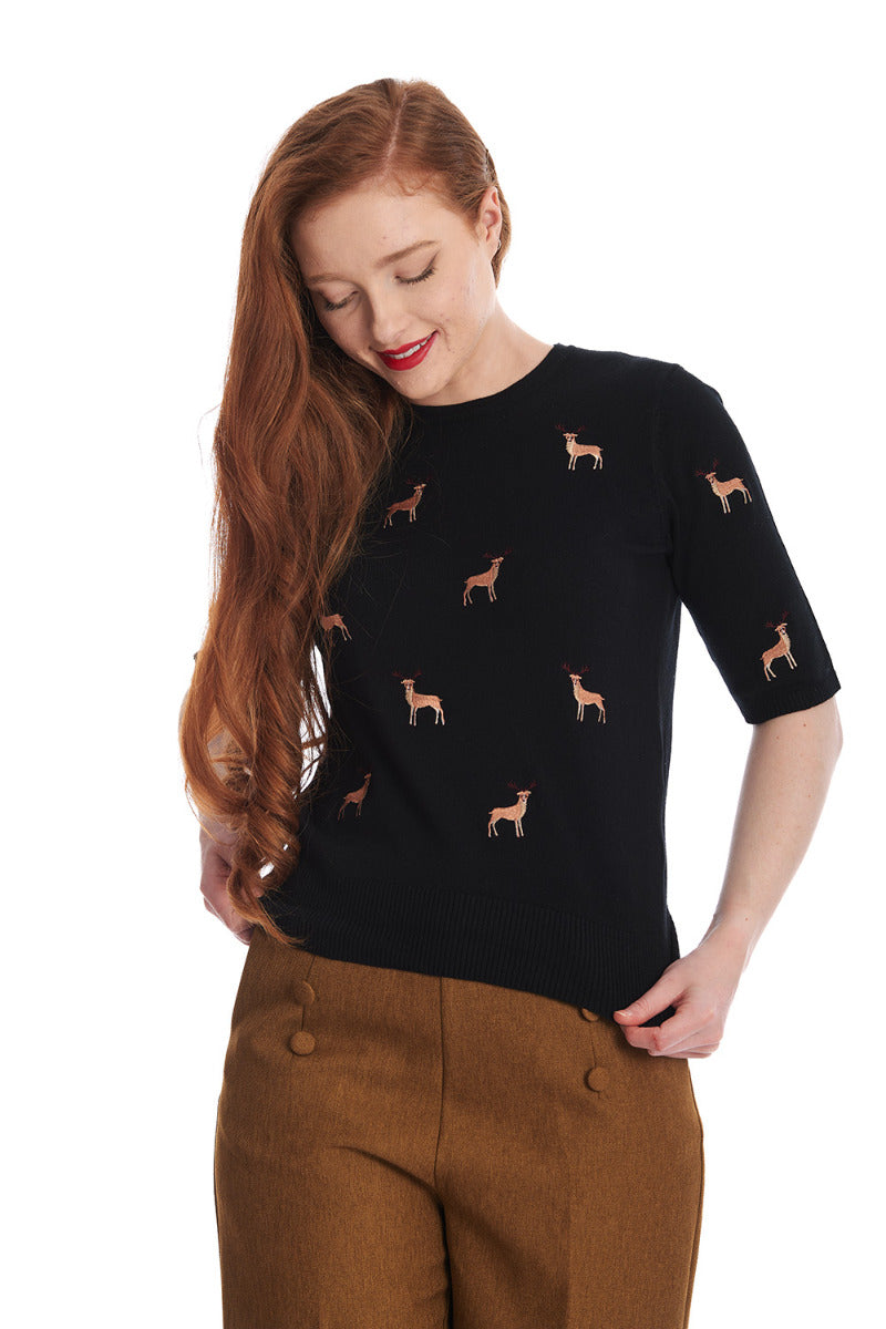 Banned Ruby Sweet Deer Jumper - Vintage Style Reindeer Pattern Knit Sweater