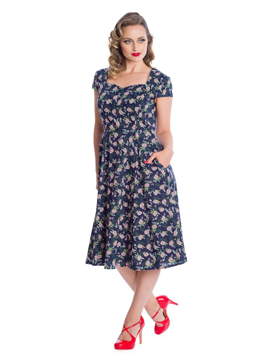 50's Style Brigitte Tropic Swing Dress Navy Print by Banned Retro
