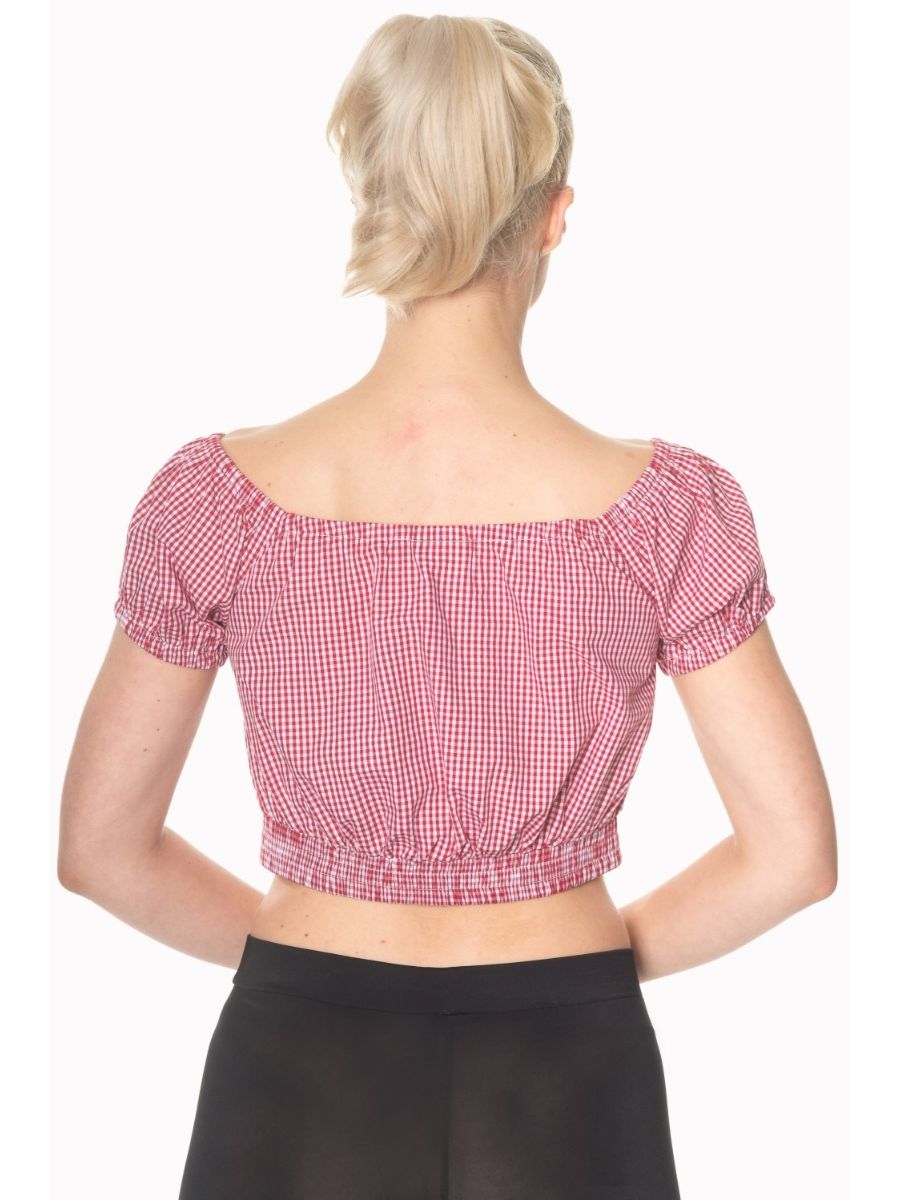 Banned Retro 1950's All Mine Gingham Check Off Shoulder Crop Top Red