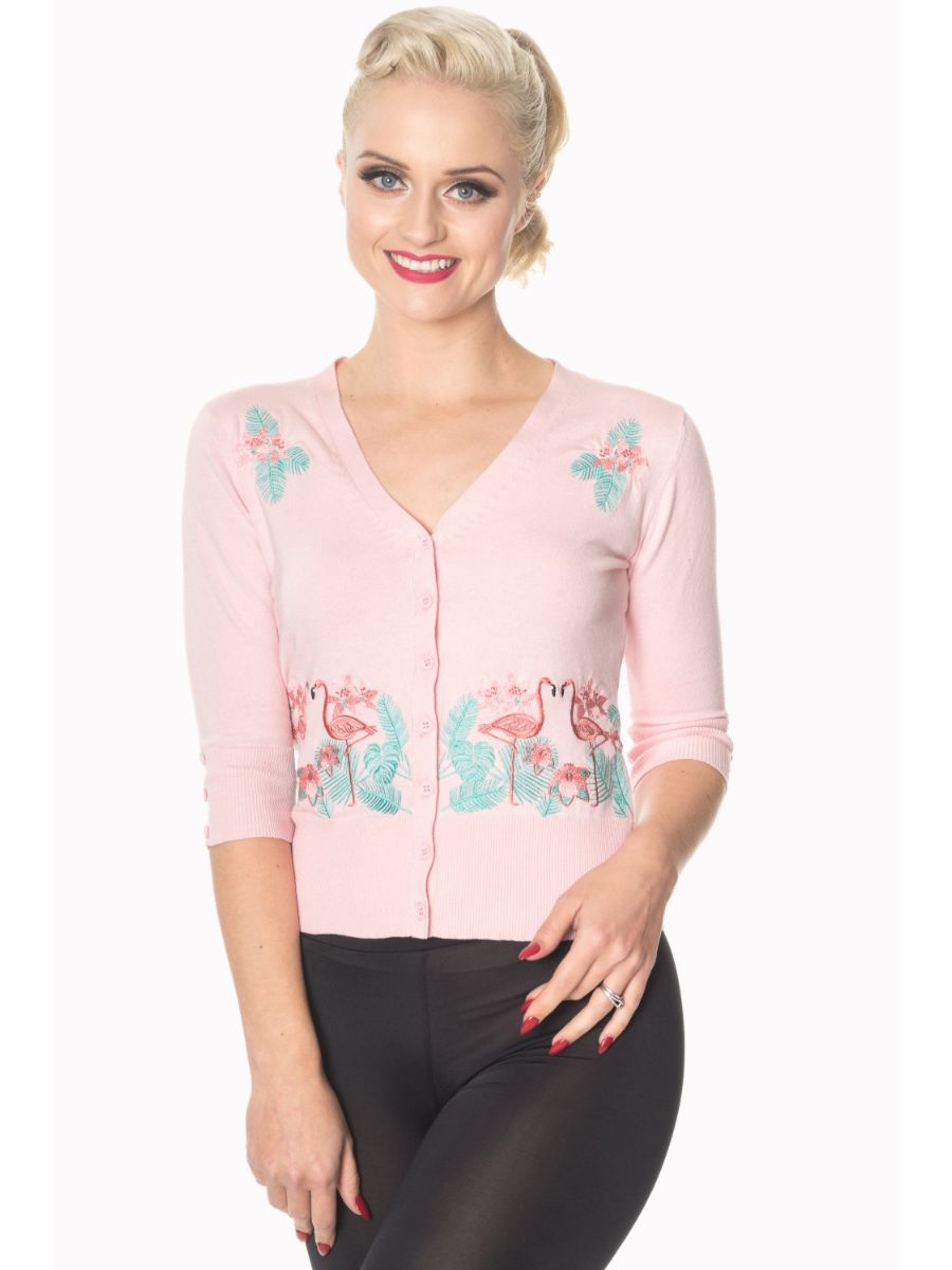Banned Retro 1950's Face To Face Flamingo Cropped Vintage Cardigan Pink