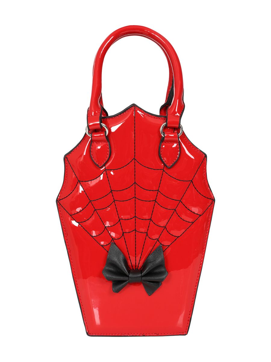 BANNED Ghoul Coffin Red Bag | Shimmer Quilted Gothic Handbag with Spider Web-Red-One Size