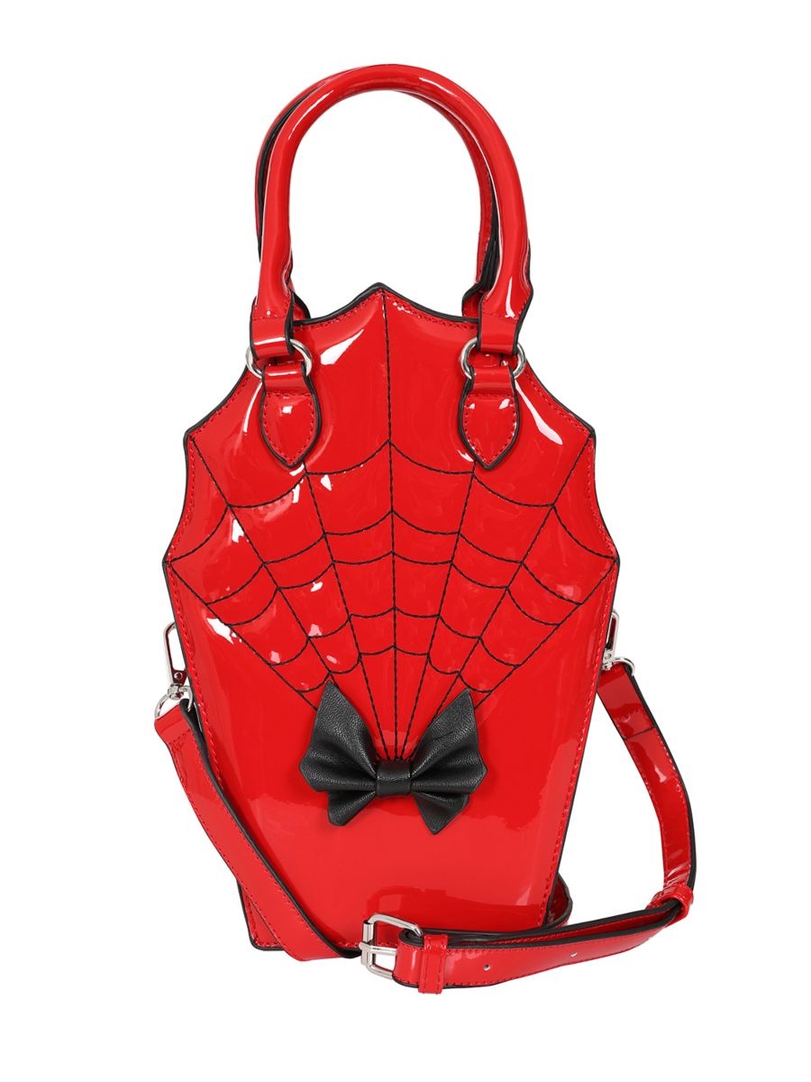 BANNED Ghoul Coffin Red Bag | Shimmer Quilted Gothic Handbag with Spider Web-Red-One Size