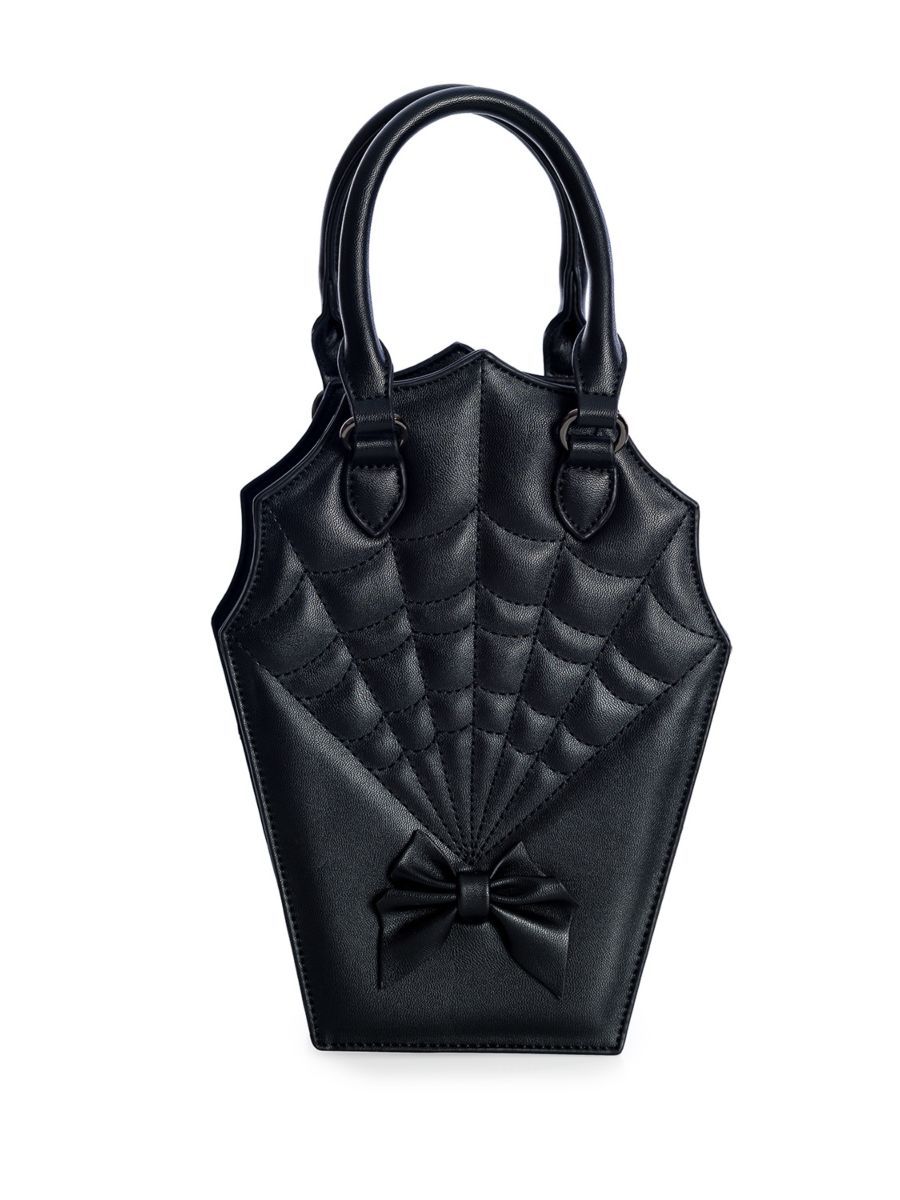 BANNED Ghoul Coffin Red Bag | Shimmer Quilted Gothic Handbag with Spider Web-Black-One Size