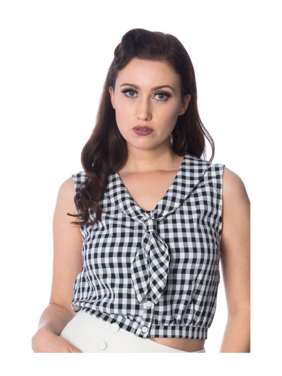 Banned Retro 1950's Summer Breeze Gingham Check Tie Up Crop Blouse Black & White