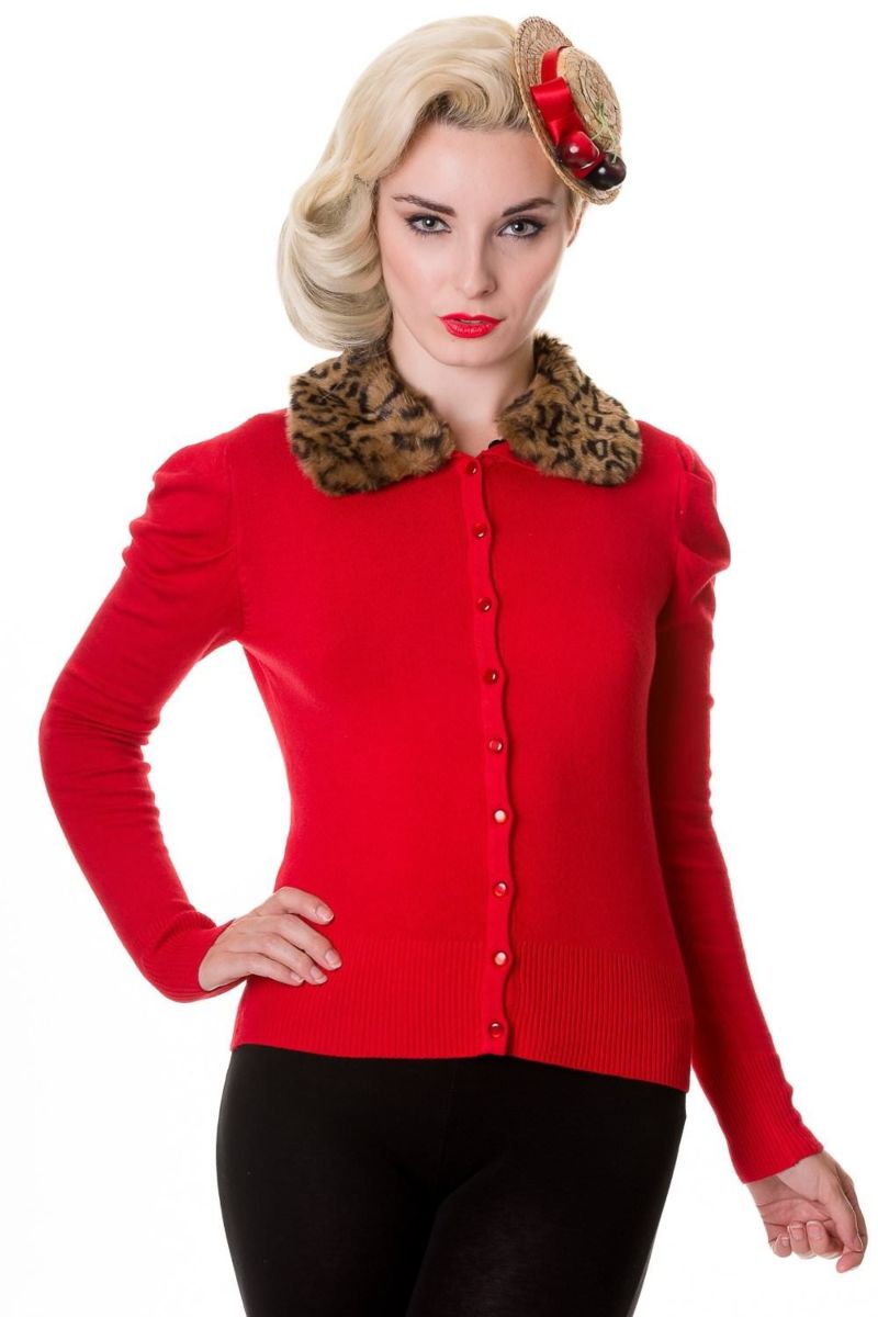 red cardigan with fur collar