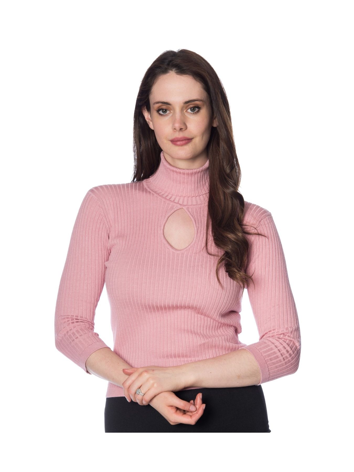 Banned Retro 1950 s Louise Ribbed Knit Turtle Neck Key Hole Vintage Top Dusty Pink